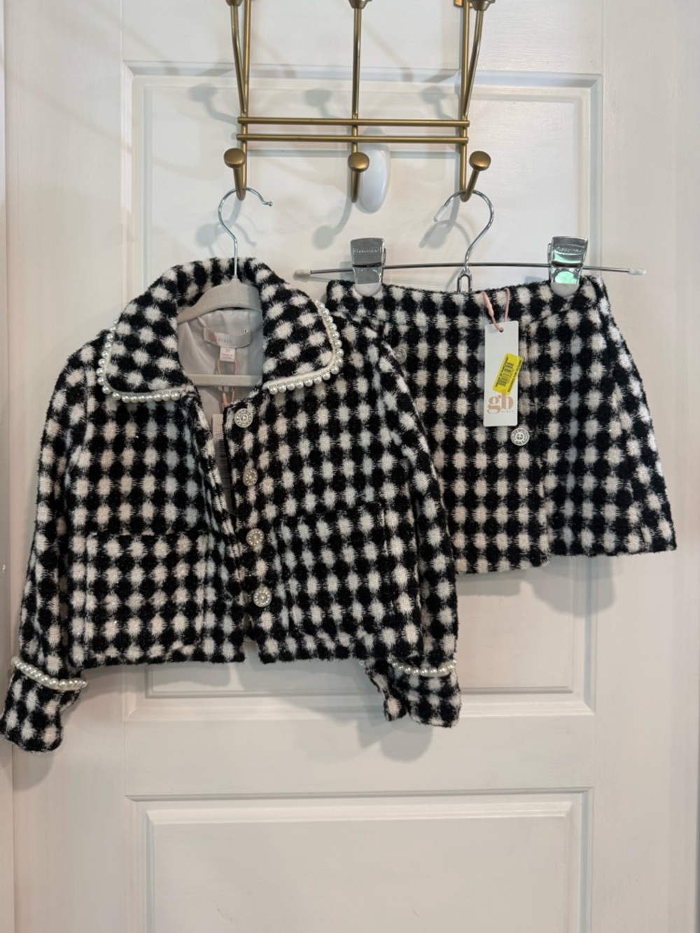 GB Girls Skirt Jacket Set Tweed 3T Black White Pearl Trim NWT